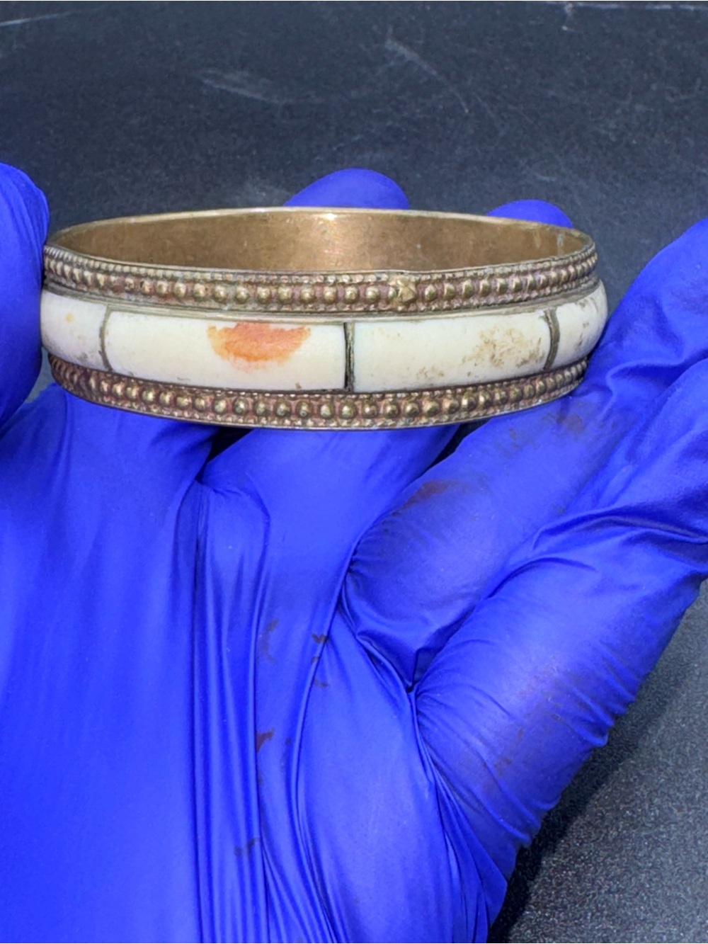 Vintage Brass Bone Inlay Bangle Bracelet Boho Tribal Chunky Statement Cuff